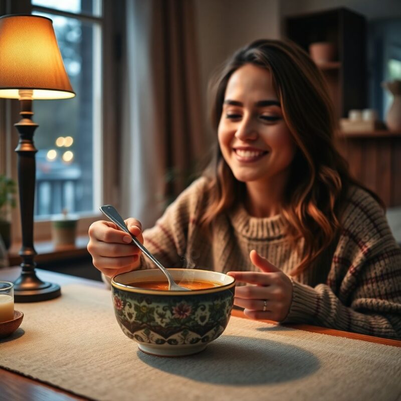 Jeune femme souriante profite des bienfaits d'une soupe selon Hildegarde