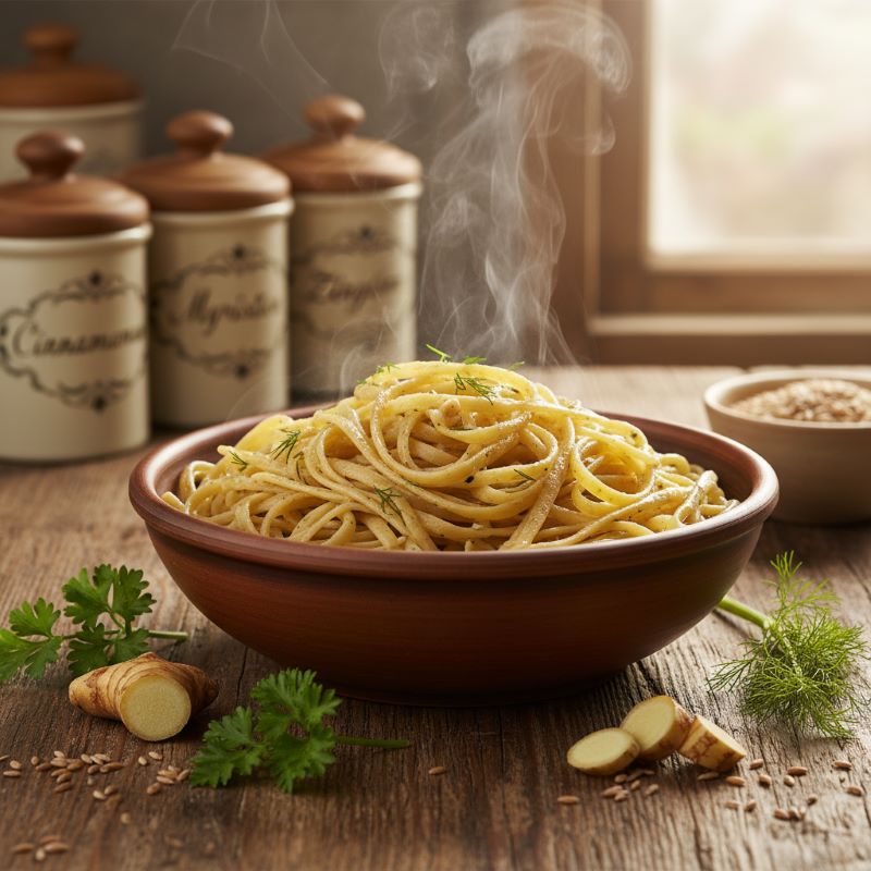 Pâtes d'épeautre fumantes avec épices d'Hildegarde, premier aliment testé par Françoise après 45 ans de privation