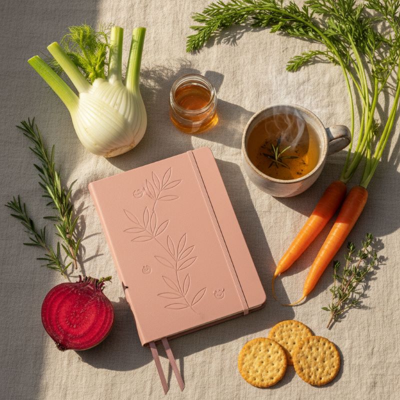 Journal de bord transformation santé avec légumes frais, tisane et notes sur les bienfaits de l'alimentation hildegardienne