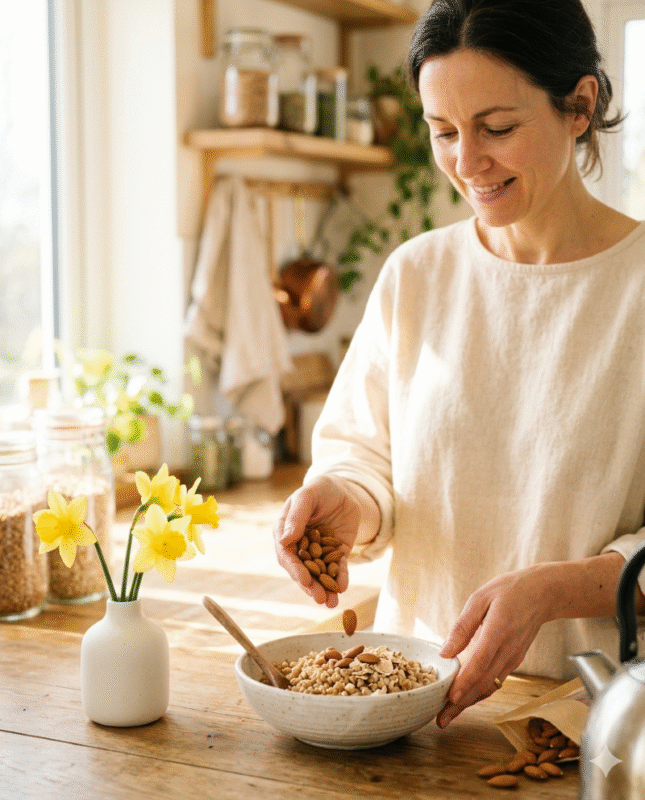 Femme préparant son habermus avec amandes et épeautre dans une cuisine lumineuse au printemps