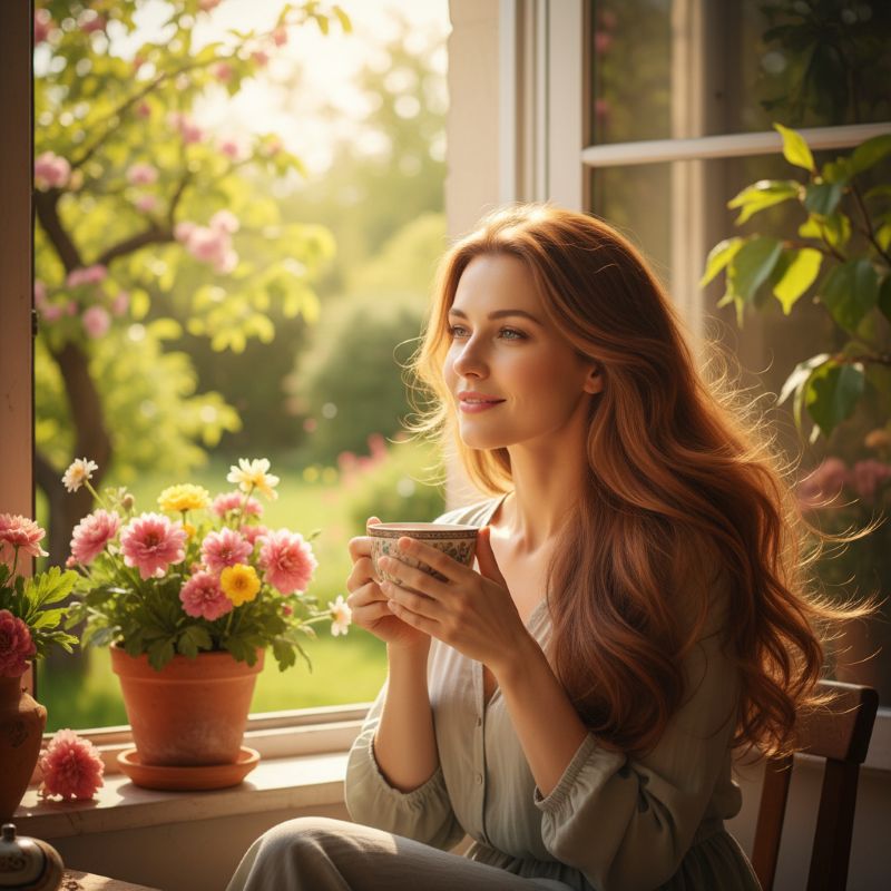 Femme heureuse aux cheveux lumineux et sains sur une terrasse ensoleillée au printemps