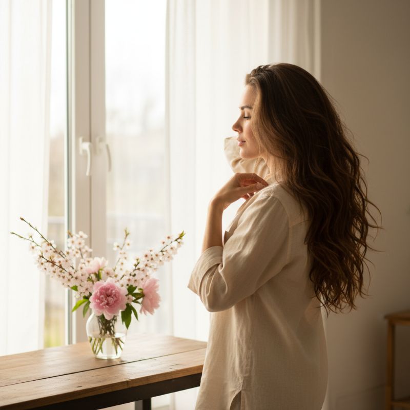 Femme se brossant les cheveux au printemps dans une ambiance douce et lumineuse
