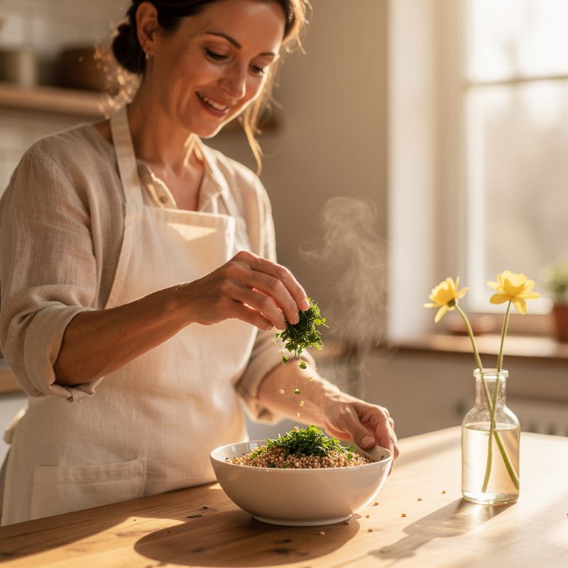 Femme préparant un repas de printemps avec épeautre et herbes fraîches dans une cuisine ensoleillée
