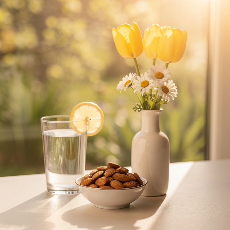 Amandes, eau citronnée et fleurs jaunes dans une lumière printanière dorée pour soutenir le foie selon Hildegarde
