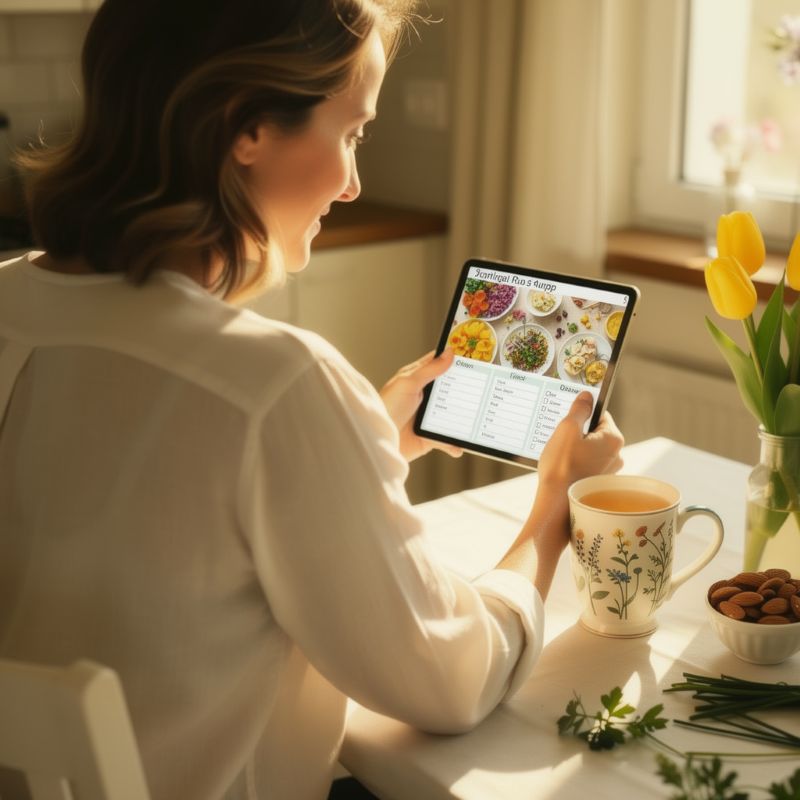 Vue par-dessus l'épaule d'une femme consultant ses menus de printemps sur tablette avec une tisane en céramique décorée