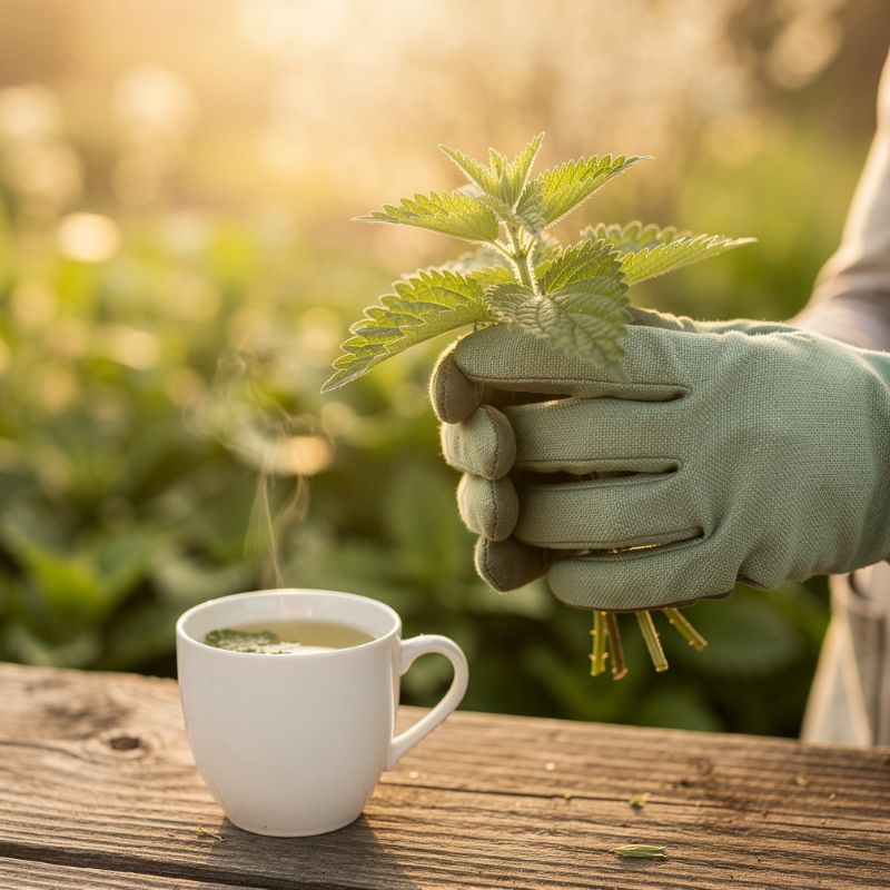 Mains gantées tenant de l'ortie fraîche cueillie au printemps avec une tisane fumante