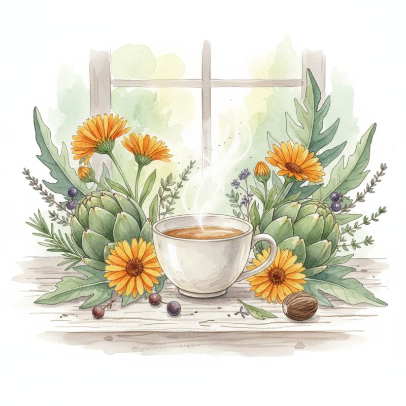 Plantes printanières hildegarddiennes — artichaut, calendula, tisane