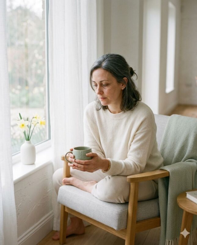 Femme fatiguée tenant une tisane dans un intérieur lumineux au printemps, signaux du foie