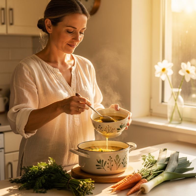 Femme servant une soupe de légumes printaniers dans un bol en céramique décorée selon Hildegarde