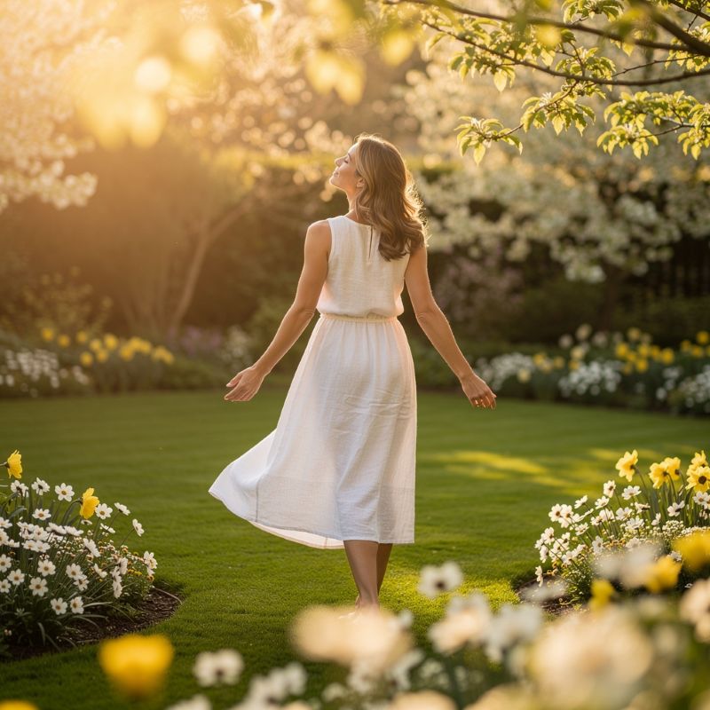 Femme respirant profondément dans un jardin moderne en fleurs au printemps, vitalité et renouveau