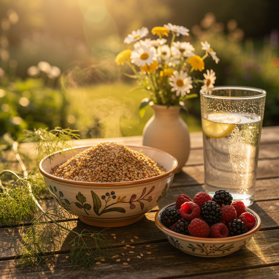Table estivale hildegardienne avec épeautre, framboises, fenouil et fleurs sauvages dans une lumière dorée