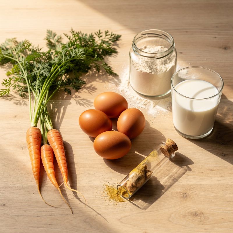 Ingrédients du clafoutis de carottes hildegardien — jeunes carottes, farine d'épeautre T80, galanga, œufs