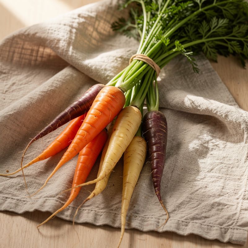 Bouquet de jeunes carottes fraîches avec leurs fanes vertes sur un torchon en lin