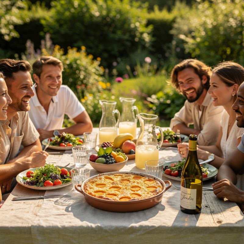 Tablée conviviale dans un jardin d'été autour d'un clafoutis de carottes selon Hildegarde