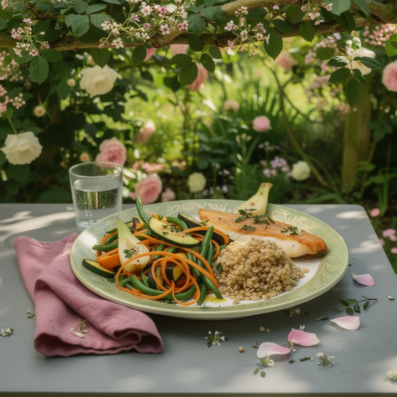 Assiette d'été selon Hildegarde — légumes cuits doucement, poisson blanc et épeautre